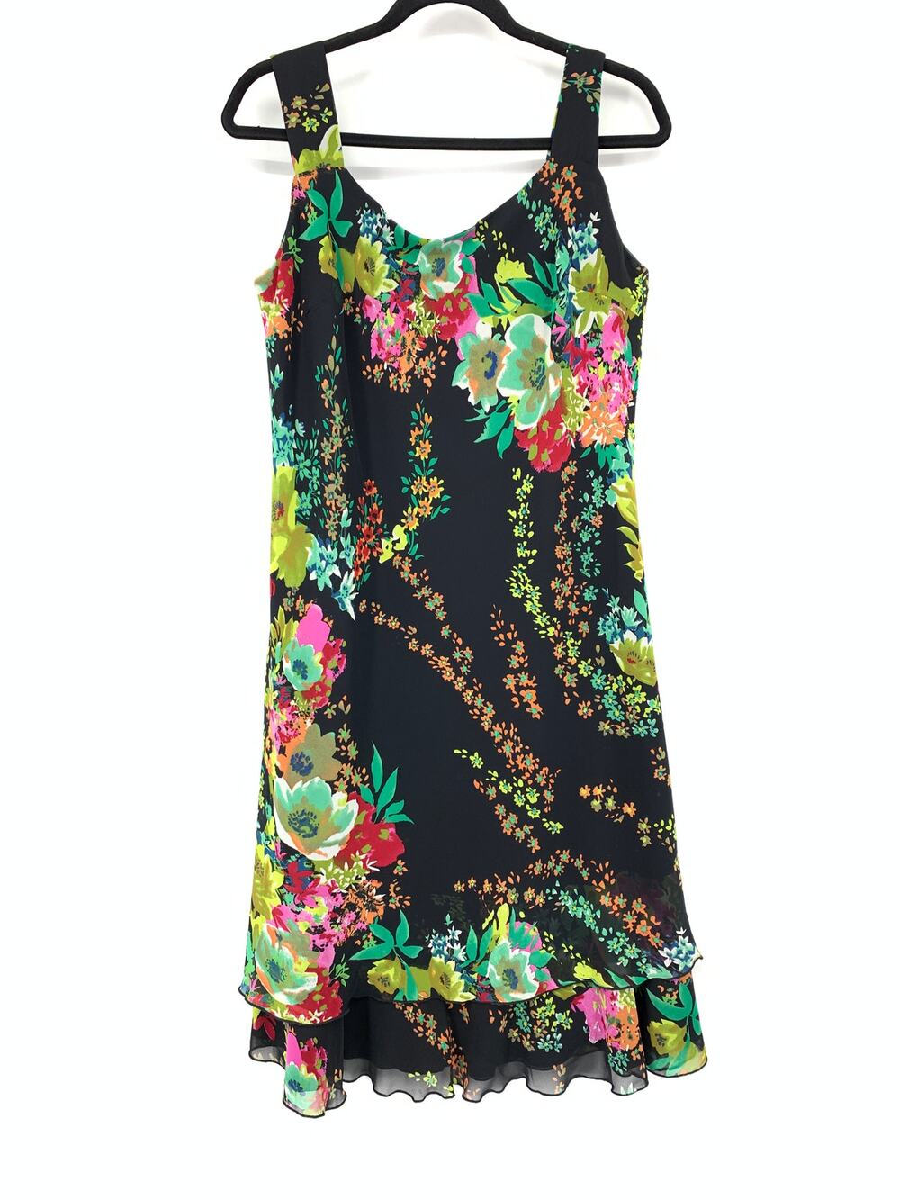 Voir Voir Sleeveless Tiered Ruffle Hem Dress Womens Apx XL Black Floral Print